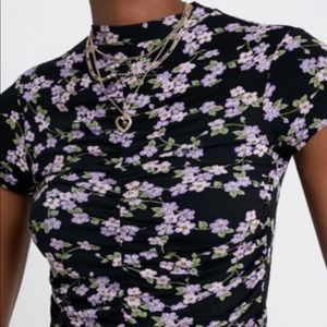 UO black mock neck ruched crop top floral s